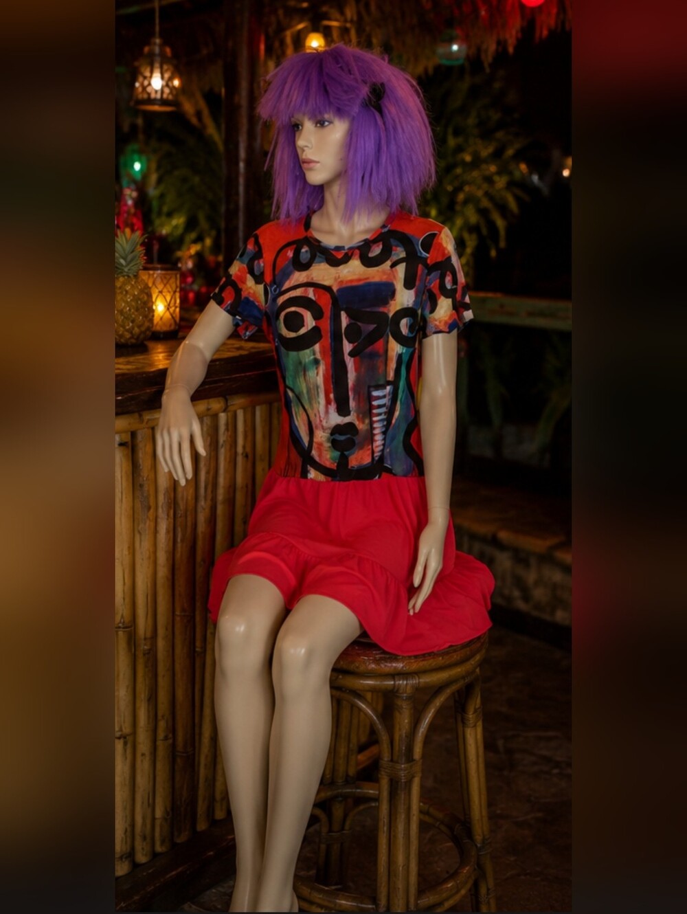 Nwot Upcycled Boho Chic Colorful Abstract Face Print Dress One Of A Kind